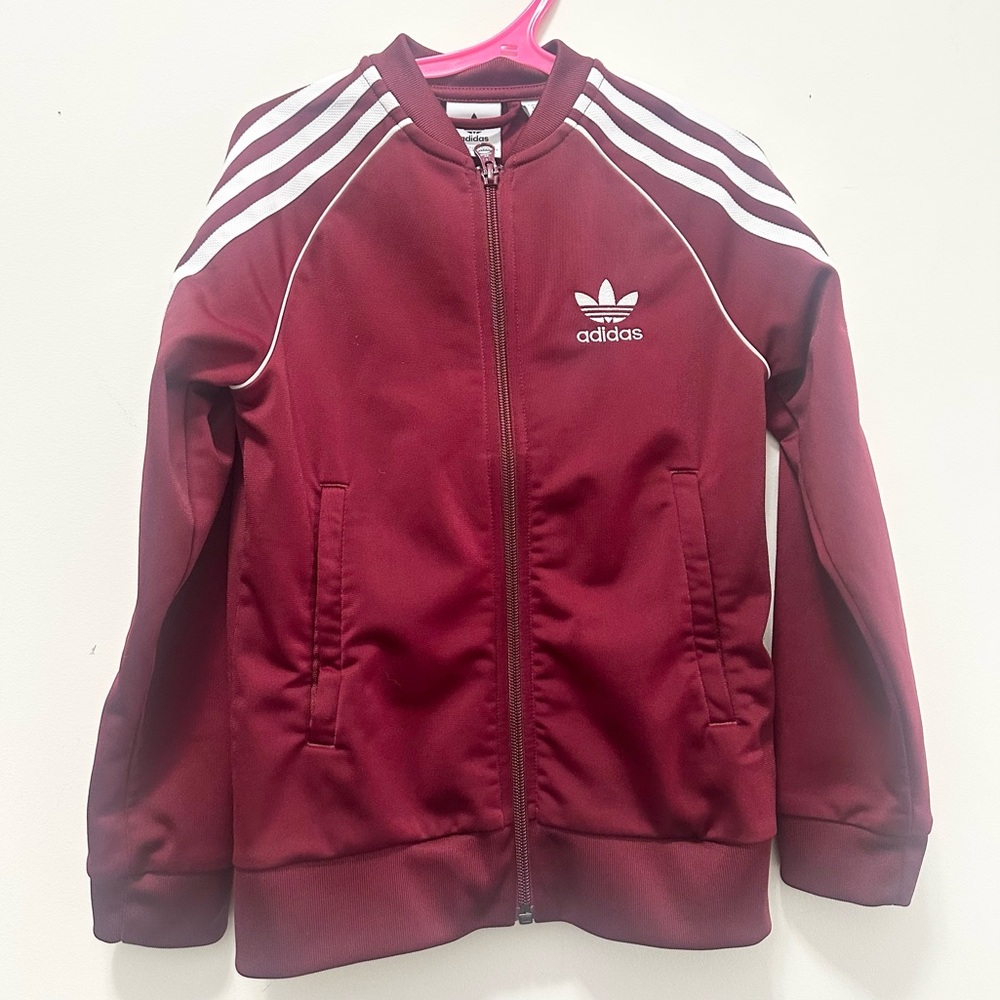 Adidas Burgundy Track Jacket with White Stripes